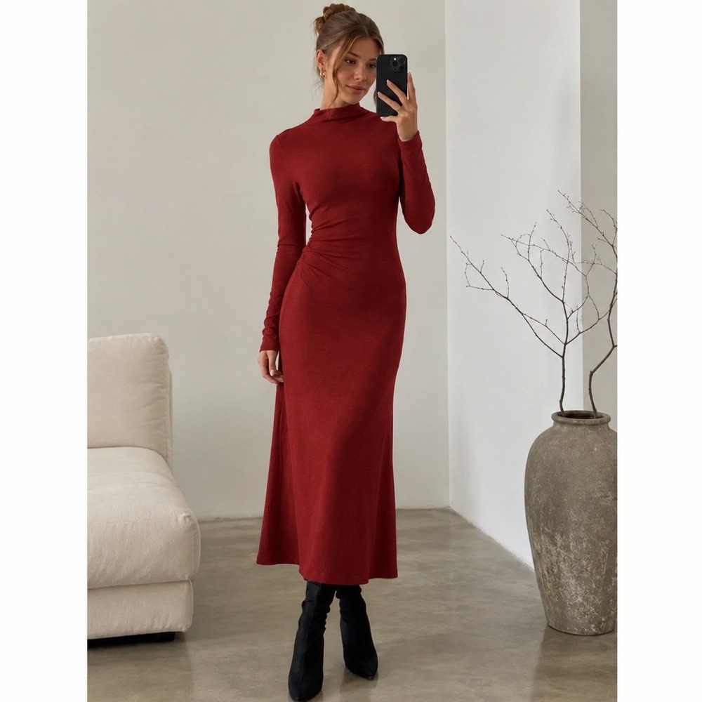 OGL Eco-Mousse ProWarm Long Sleeves Mockneck Tucks Midi Dress Rust Red XL